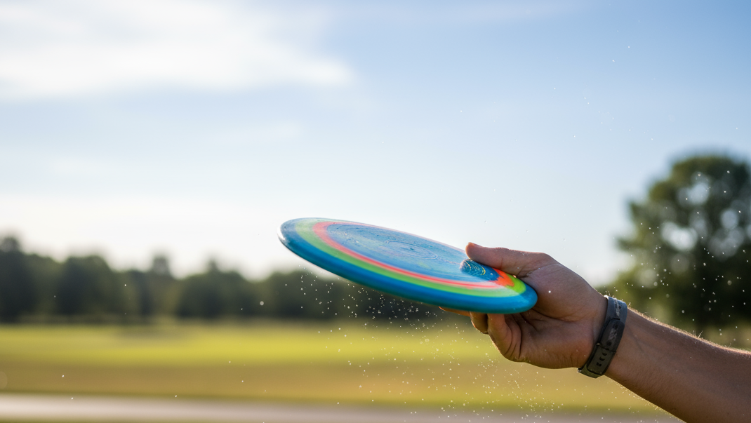 disc golf, ar tīru fonu, tikai cilvēka roku, dinamisku attēlu ar diezgan brīvu kreiso pusi